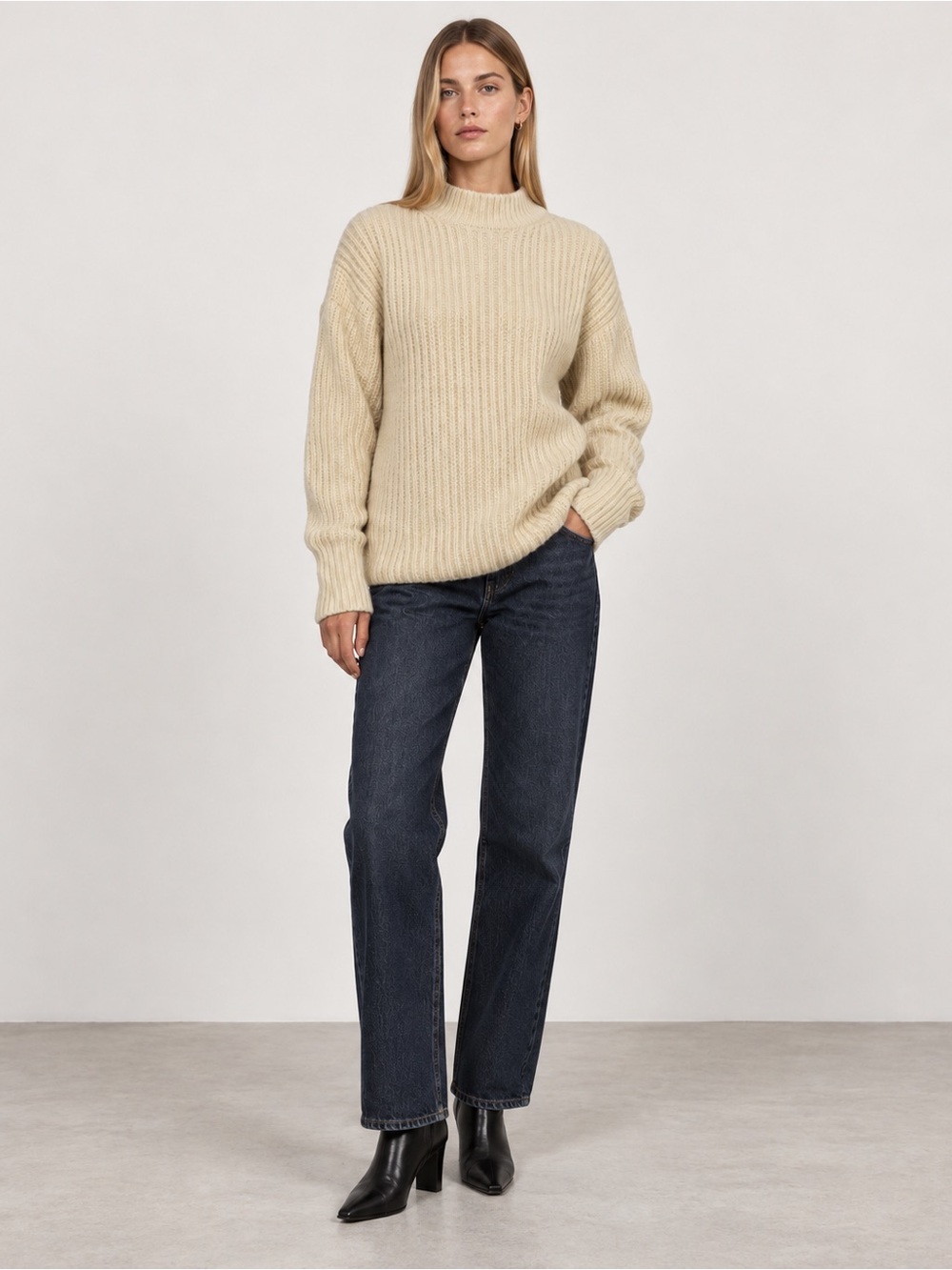 Zara Cream Chunky Knit Mock Neck Sweater Womens Medium Ribbed Pullover